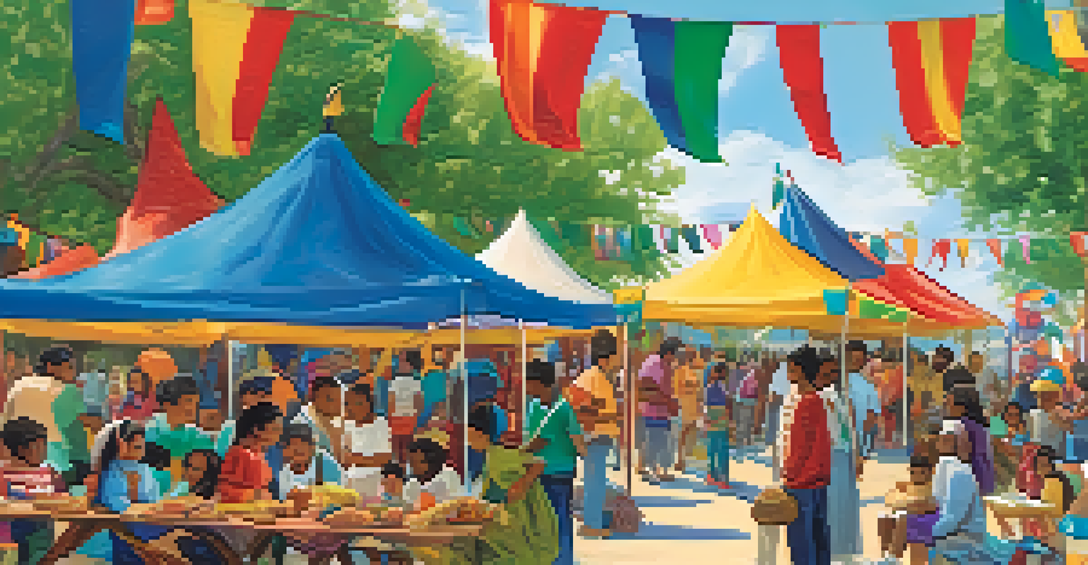 A multicultural festival outside a library, with colorful tents, children listening to stories, and adults enjoying food and music under a clear sky.