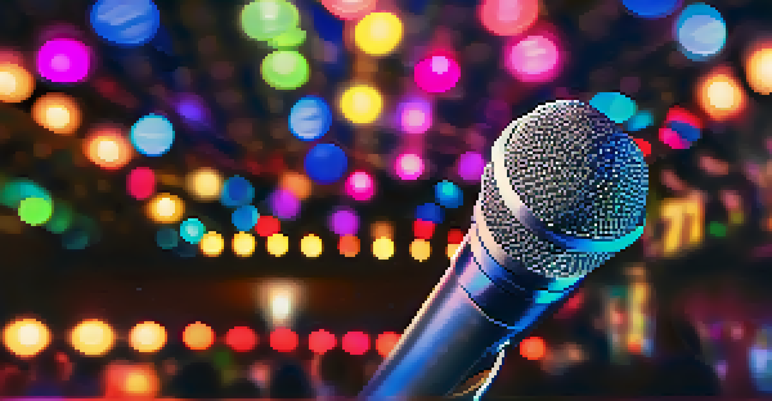 A close-up of a microphone on a stand with colorful disco lights in the background, capturing the essence of karaoke excitement.