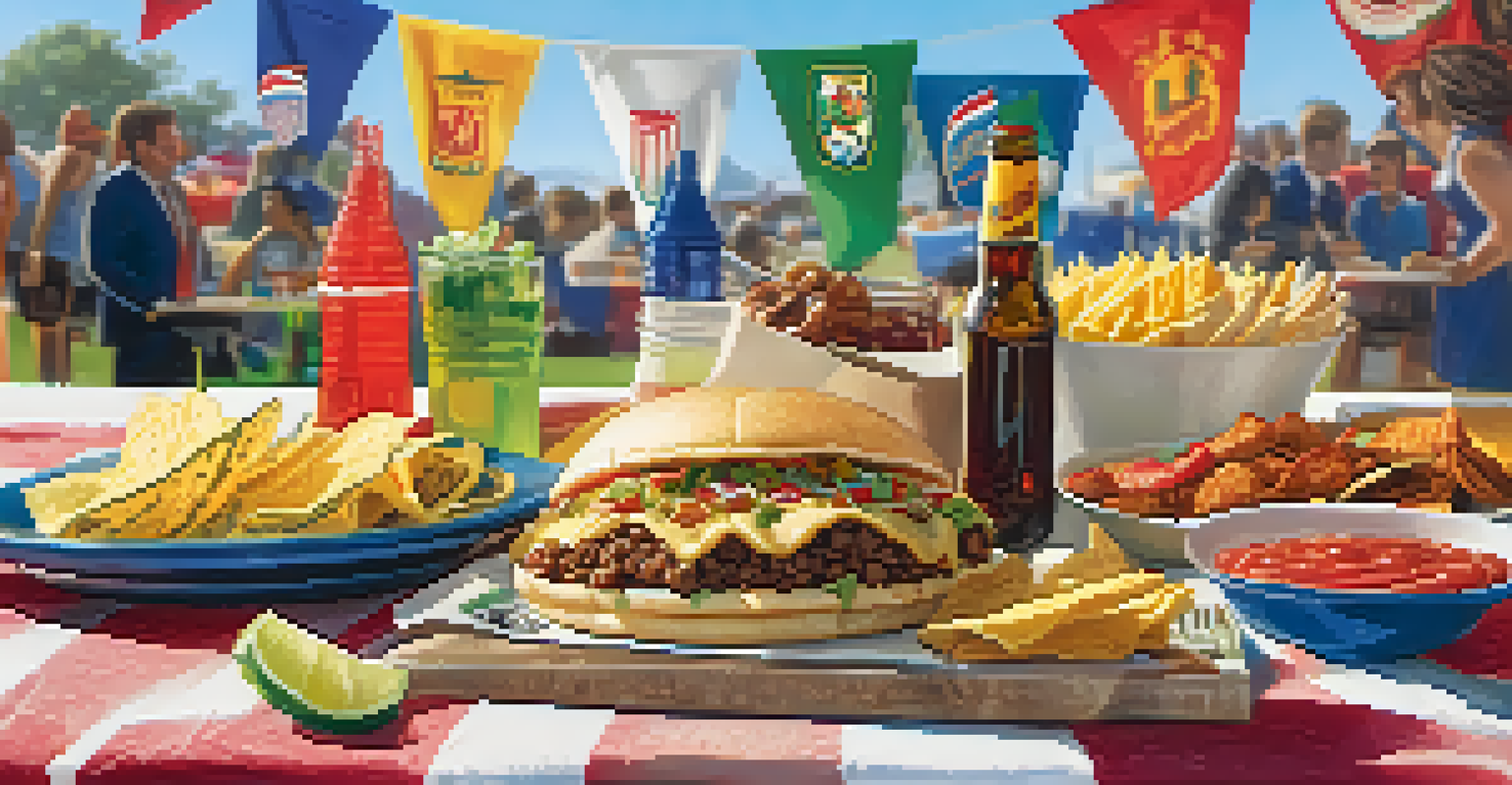 A close-up view of a table filled with gourmet tacos, burgers, and drinks at a tailgate party, decorated with team flags.