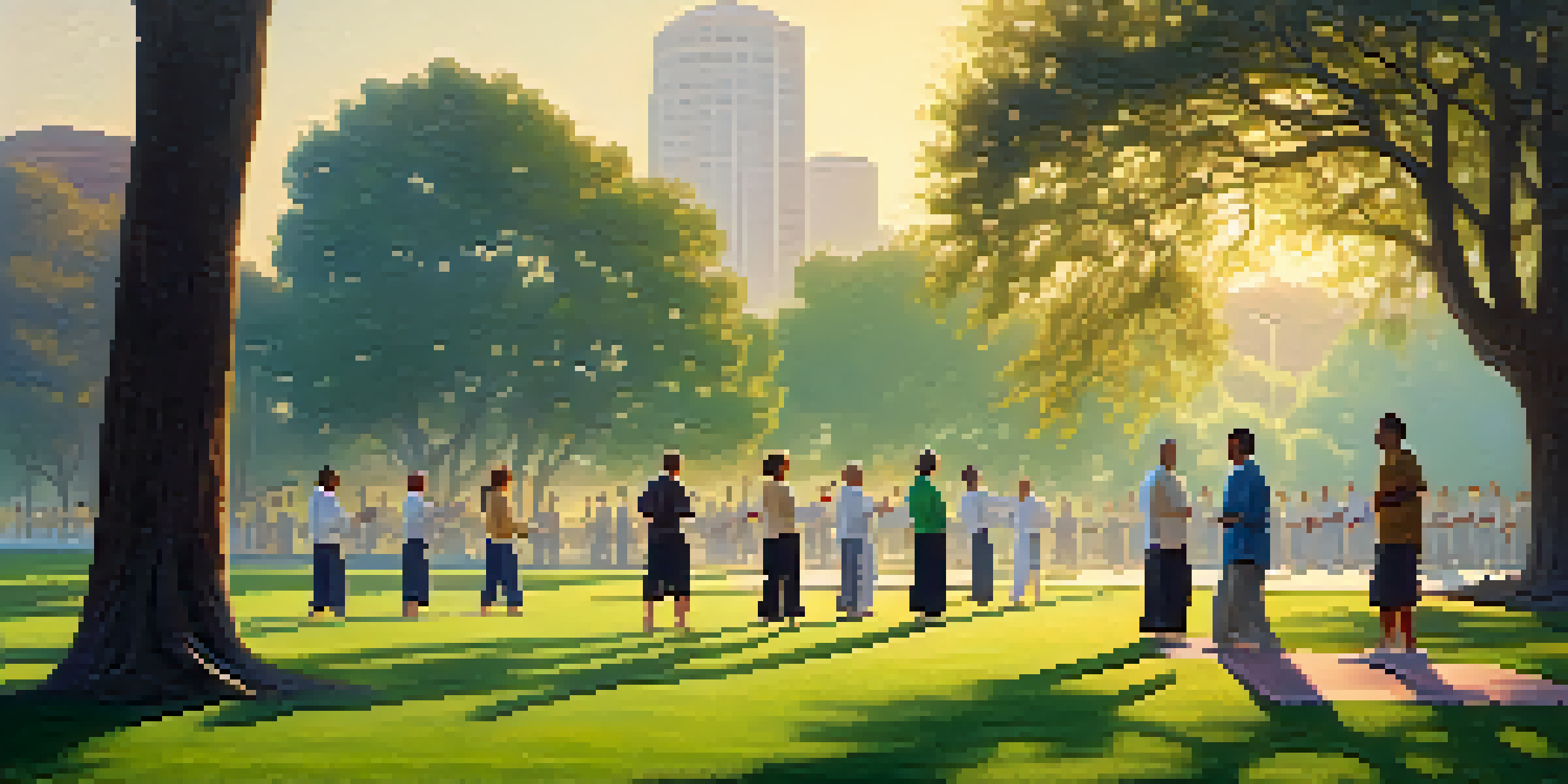 A group of diverse individuals practicing Tai Chi in a Los Angeles park during sunrise, surrounded by greenery and soft mist.