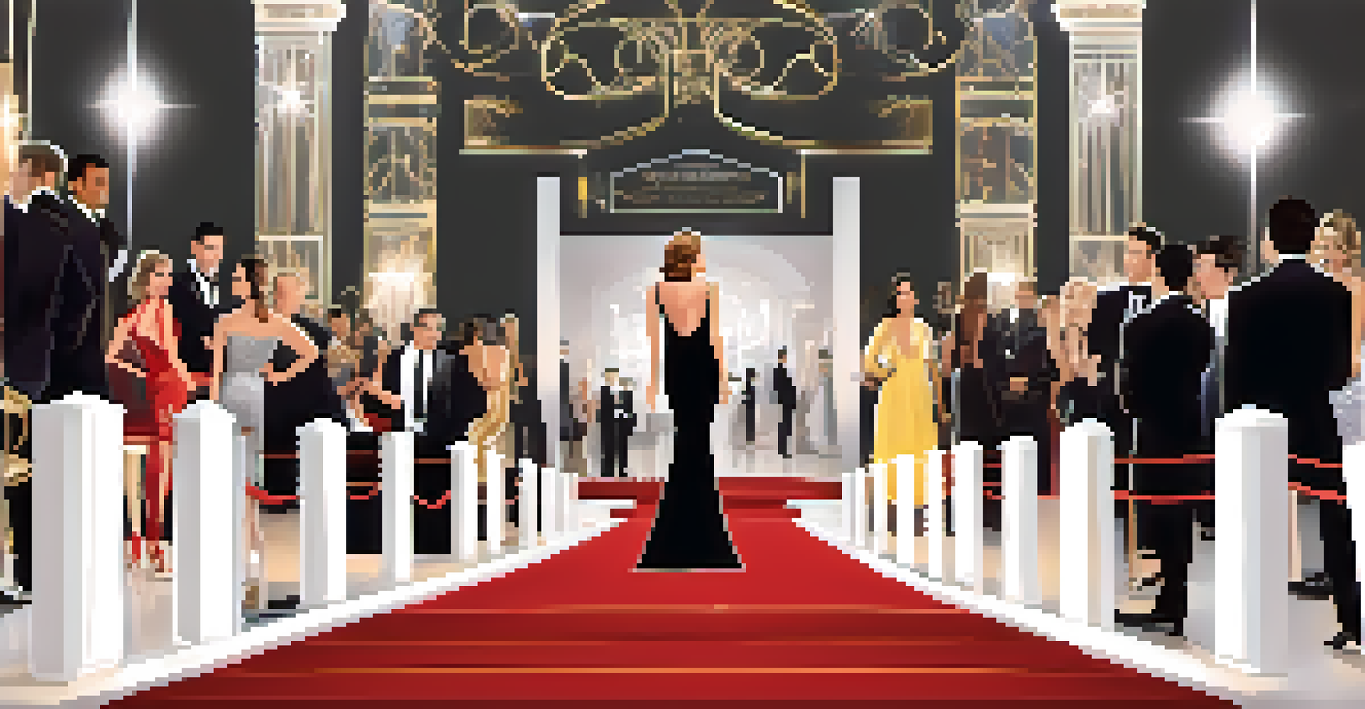 Celebrities at a red carpet event in Los Angeles wearing stunning outfits, surrounded by flashing cameras and a decorative backdrop.