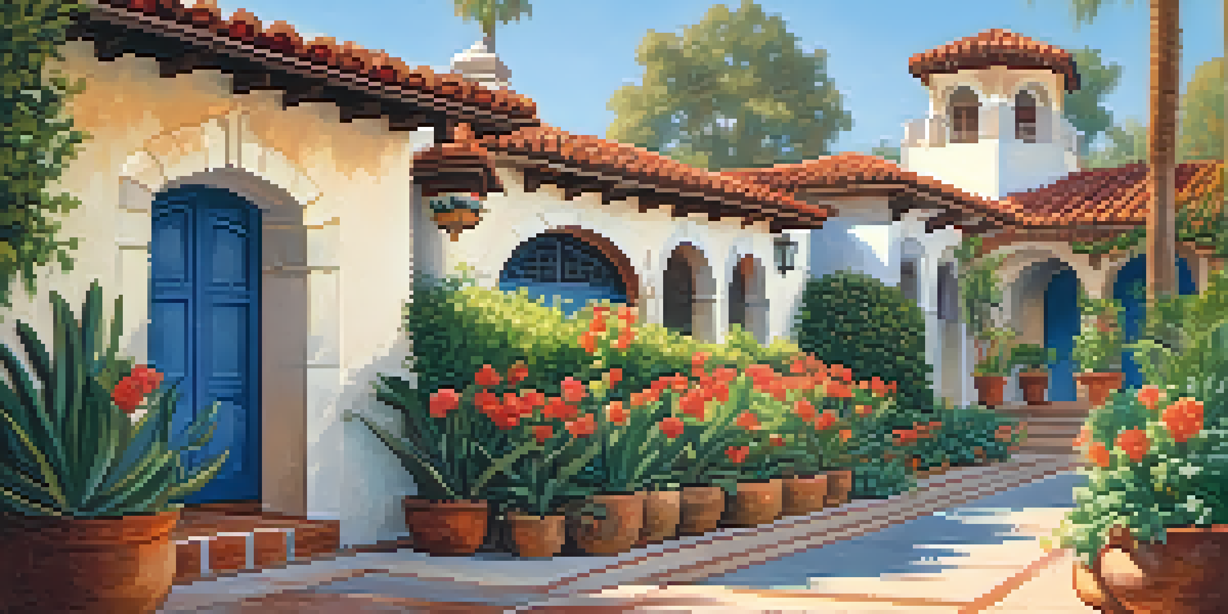 A sunny neighborhood with Spanish Colonial Revival architecture, showcasing stucco buildings, red-tiled roofs, and vibrant gardens.