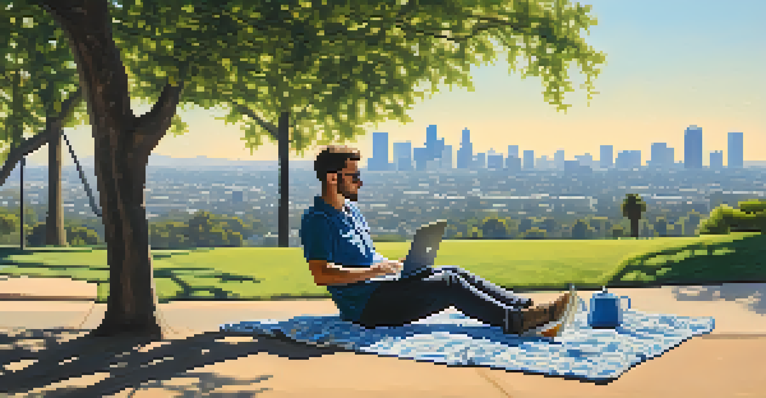 A remote worker sitting on a blanket in a park, using a laptop with trees and the city skyline in the background.