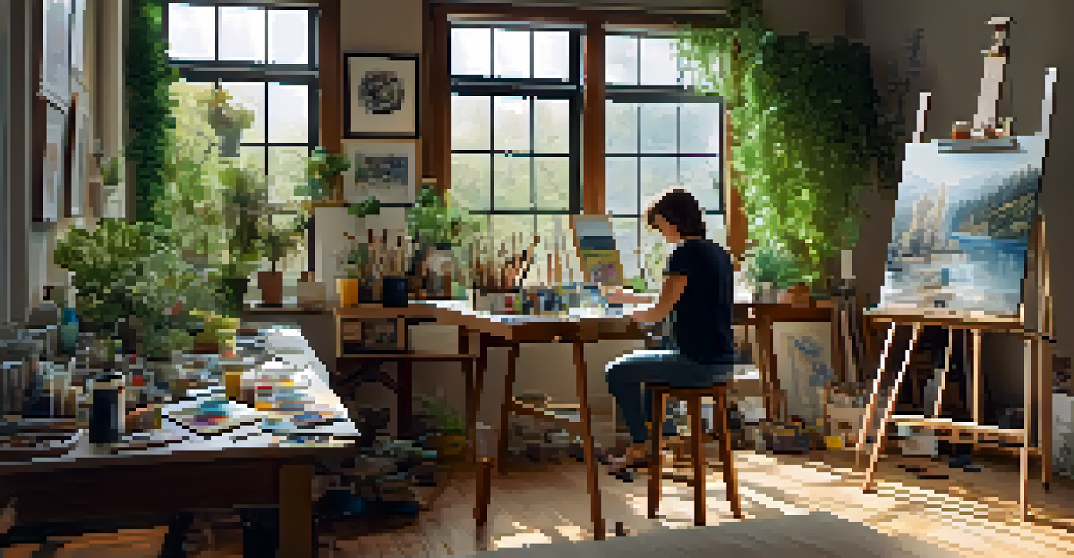 An artist working in their studio, surrounded by art supplies and completed paintings, illuminated by natural light.
