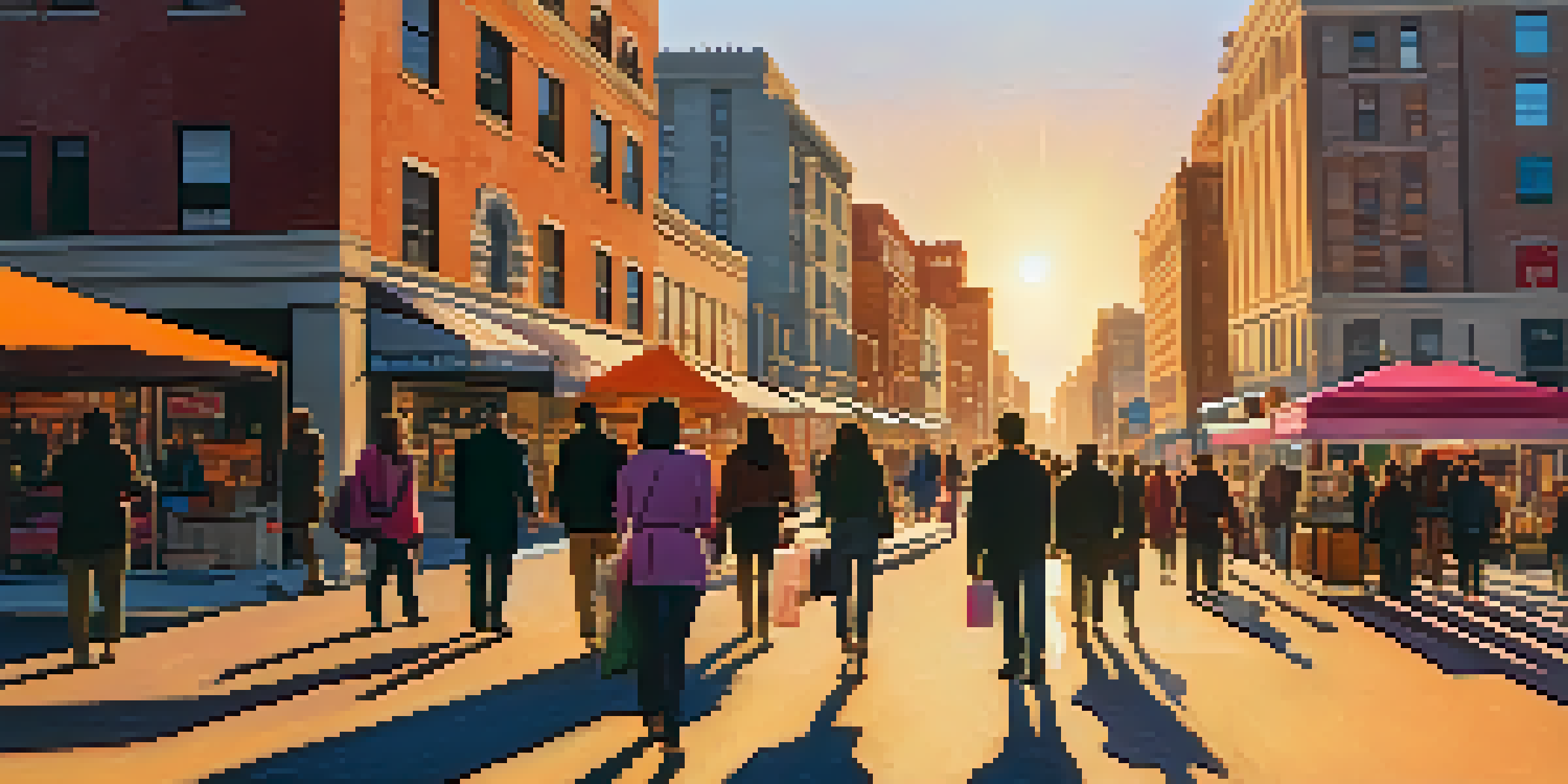 A vibrant city street at sunset, filled with people, street vendors, and colorful signs under a sky of orange and pink.