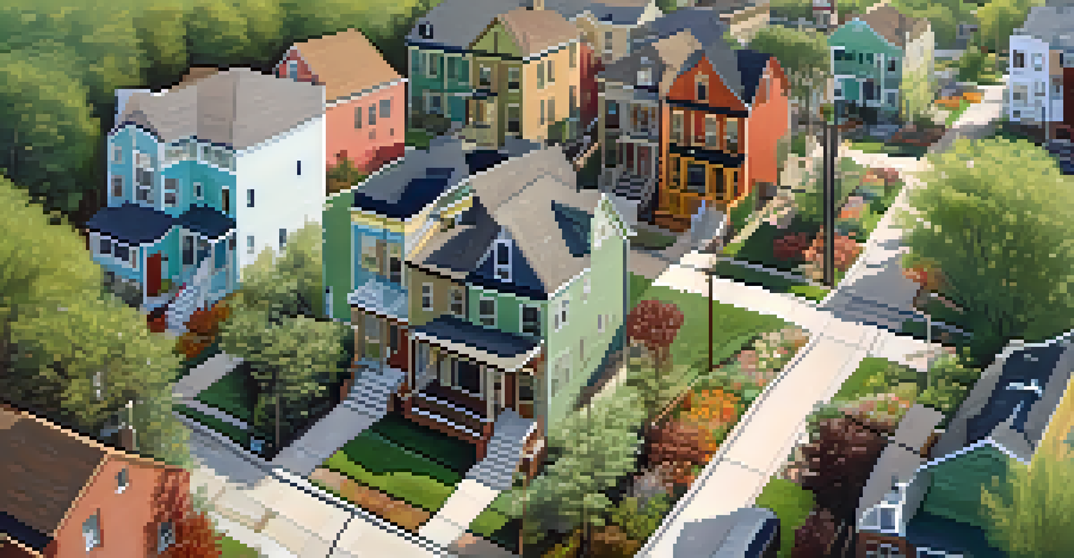 An aerial perspective of a neighborhood showing a mix of old homes and new buildings, with green spaces and people engaged in activities.