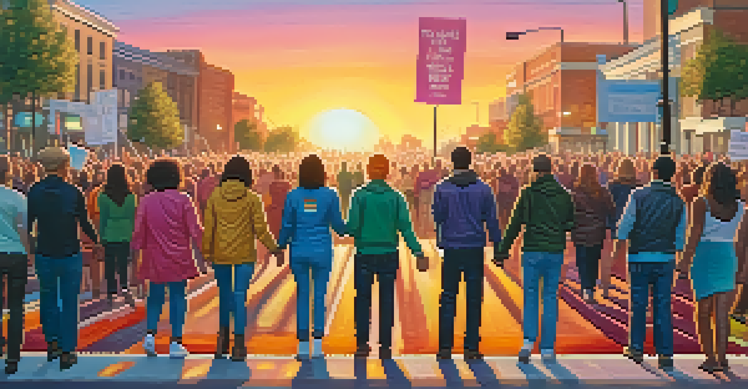 A group of LGBTQ+ activists holding hands in solidarity during a peaceful protest, with colorful signs and a sunset in the background.