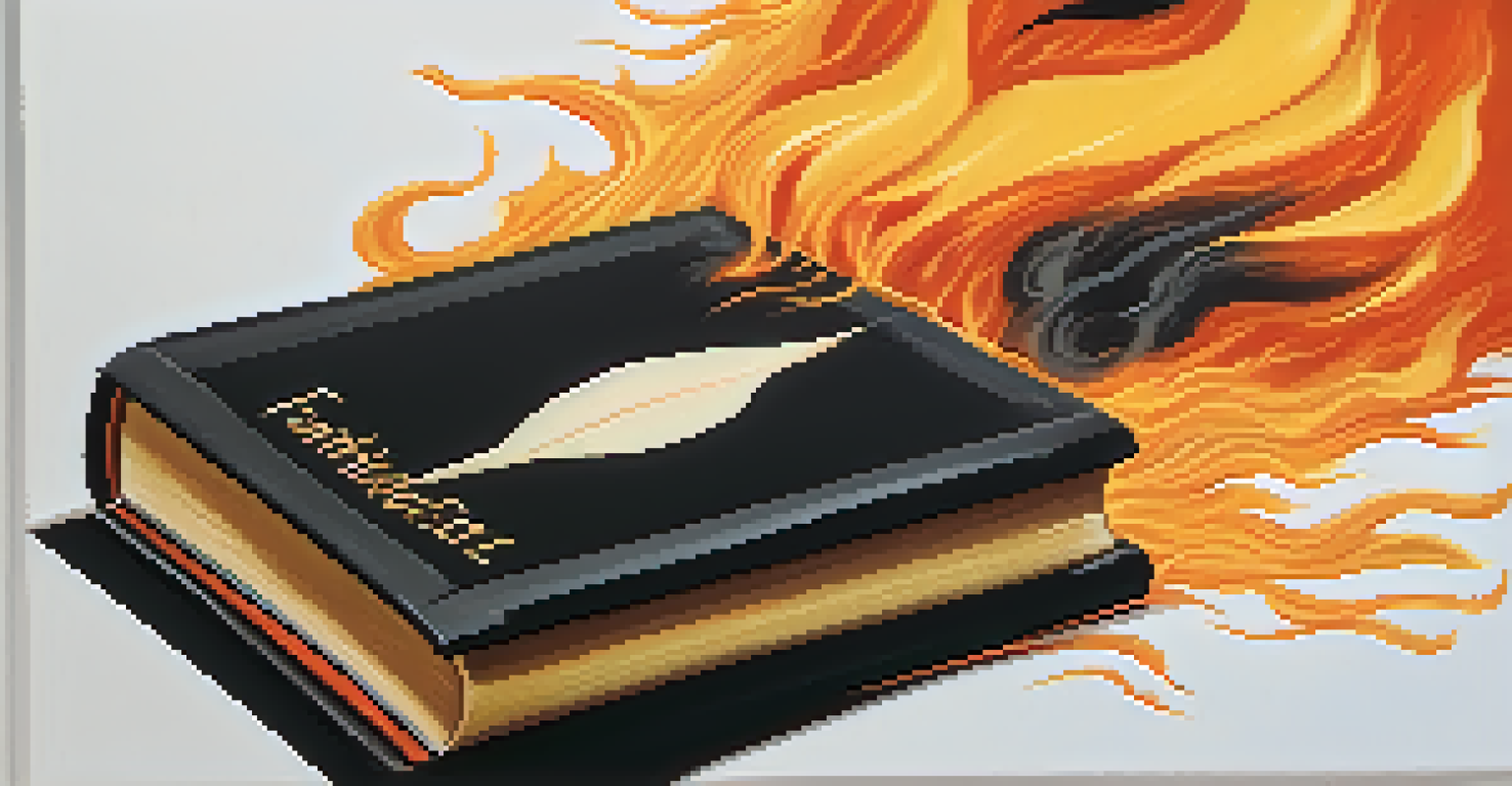 A symbolic representation of 'Fahrenheit 451' showing a burning book with bright flames against a dark background, emphasizing themes of censorship.