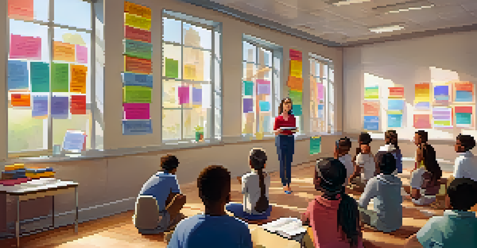 A classroom filled with students engaged in a mental health discussion led by a teacher, with posters on the walls and sunlight coming through the windows.