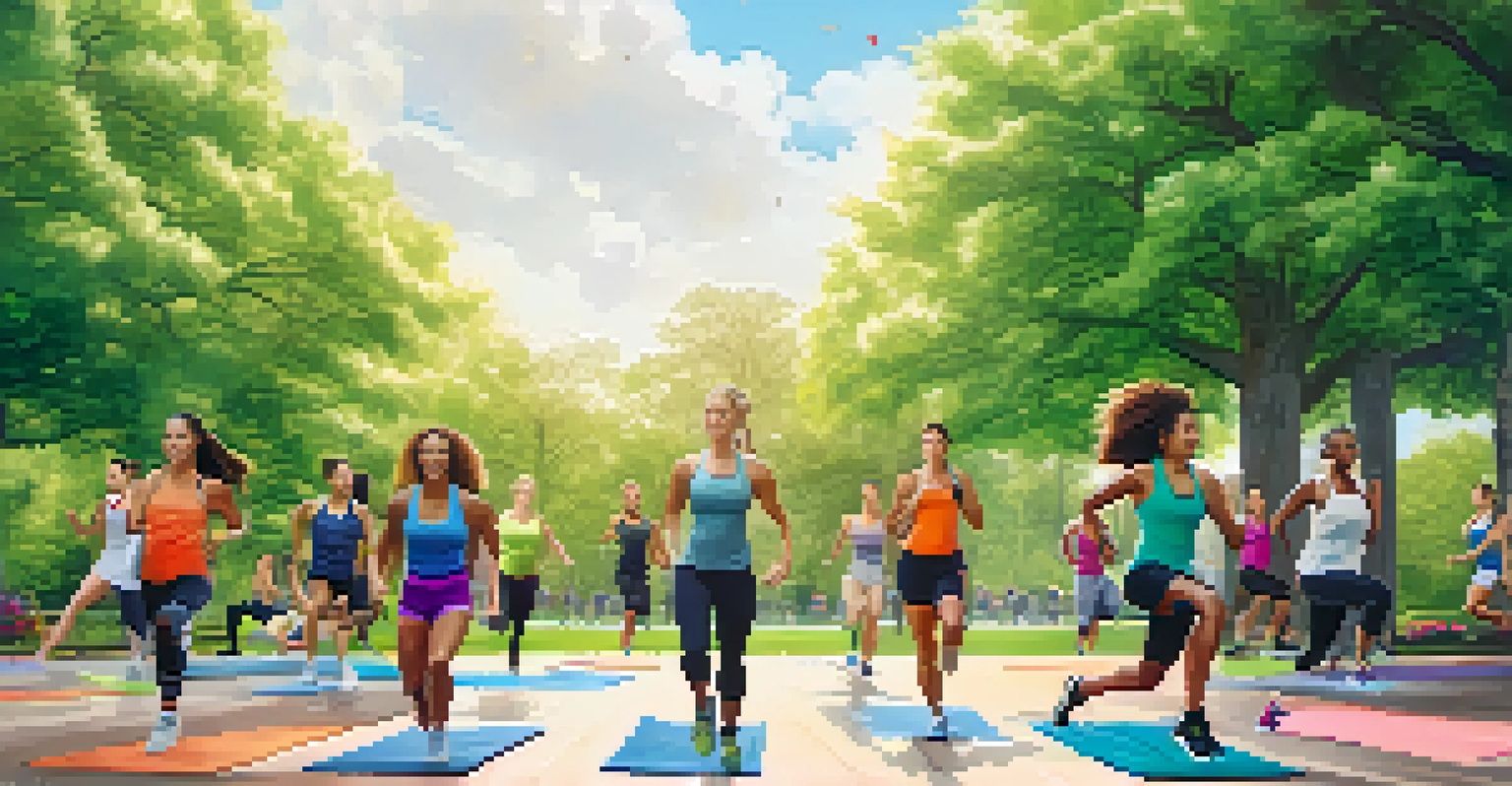 Diverse individuals participating in a High-Intensity Interval Training workout in a park, showcasing various exercises.