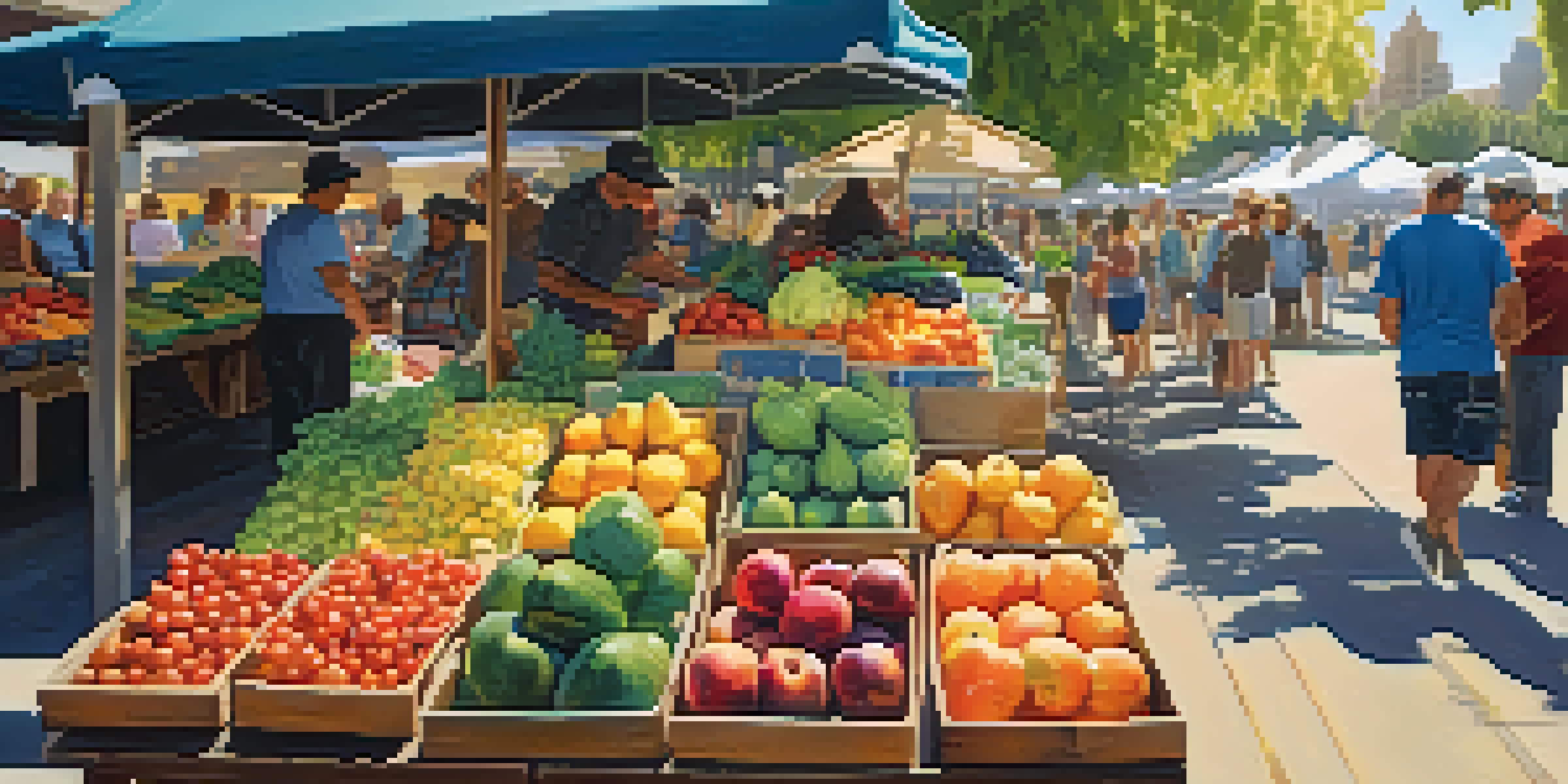 A bustling farmers' market with colorful fruits and vegetables under sunlight, with people engaging with local farmers.