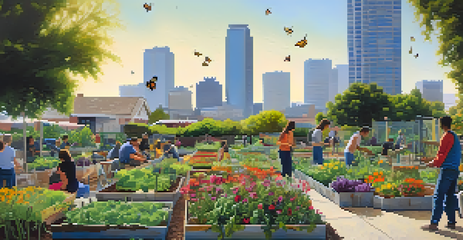 A vibrant community garden in Los Angeles with residents gardening and surrounded by pollinators, with urban buildings in the background.