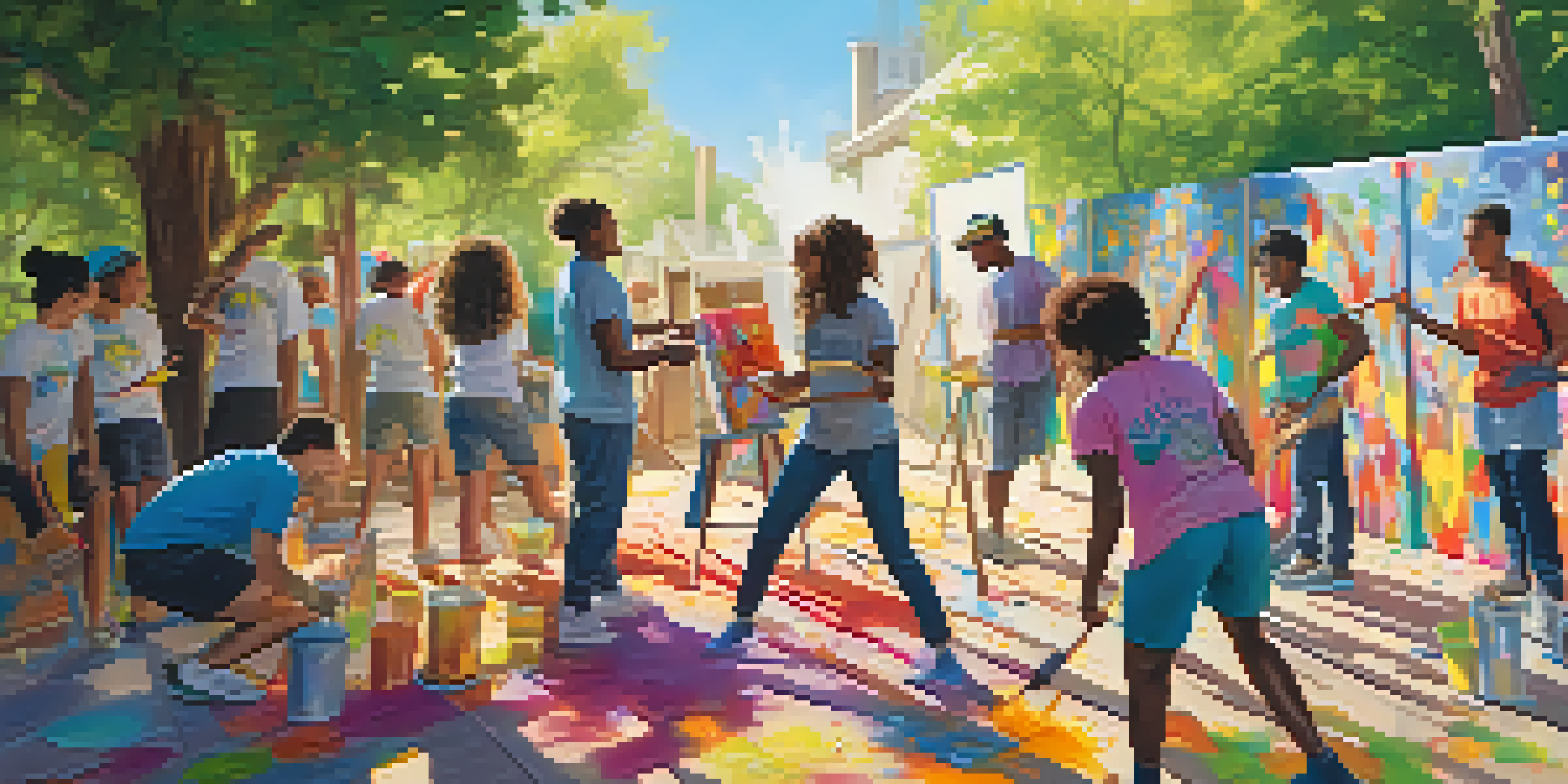 Young individuals of various backgrounds working together to paint a mural, displaying teamwork and creativity in a sunny outdoor setting.