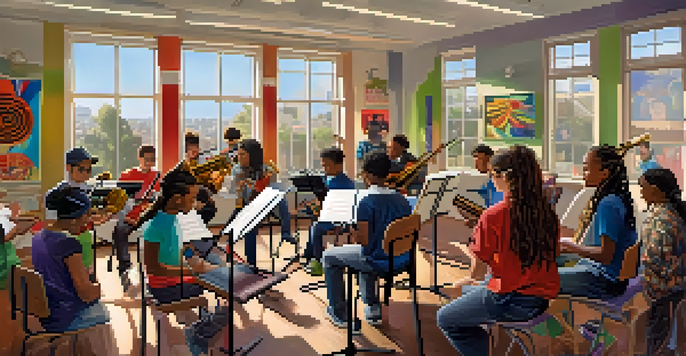 A diverse group of students in a bright music classroom, playing instruments and collaborating with each other.