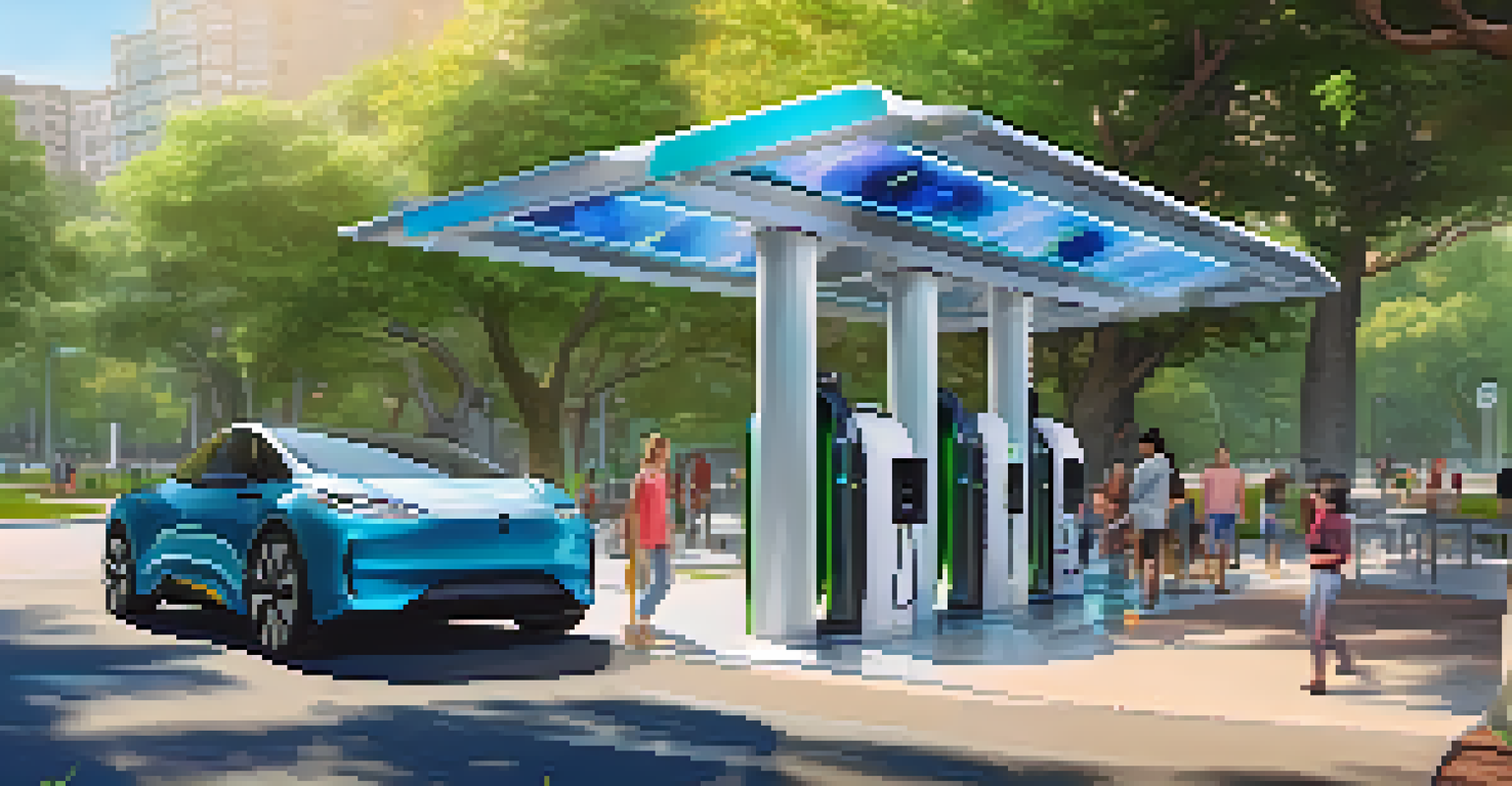 A detailed view of an electric vehicle charging station surrounded by greenery and people in a park.