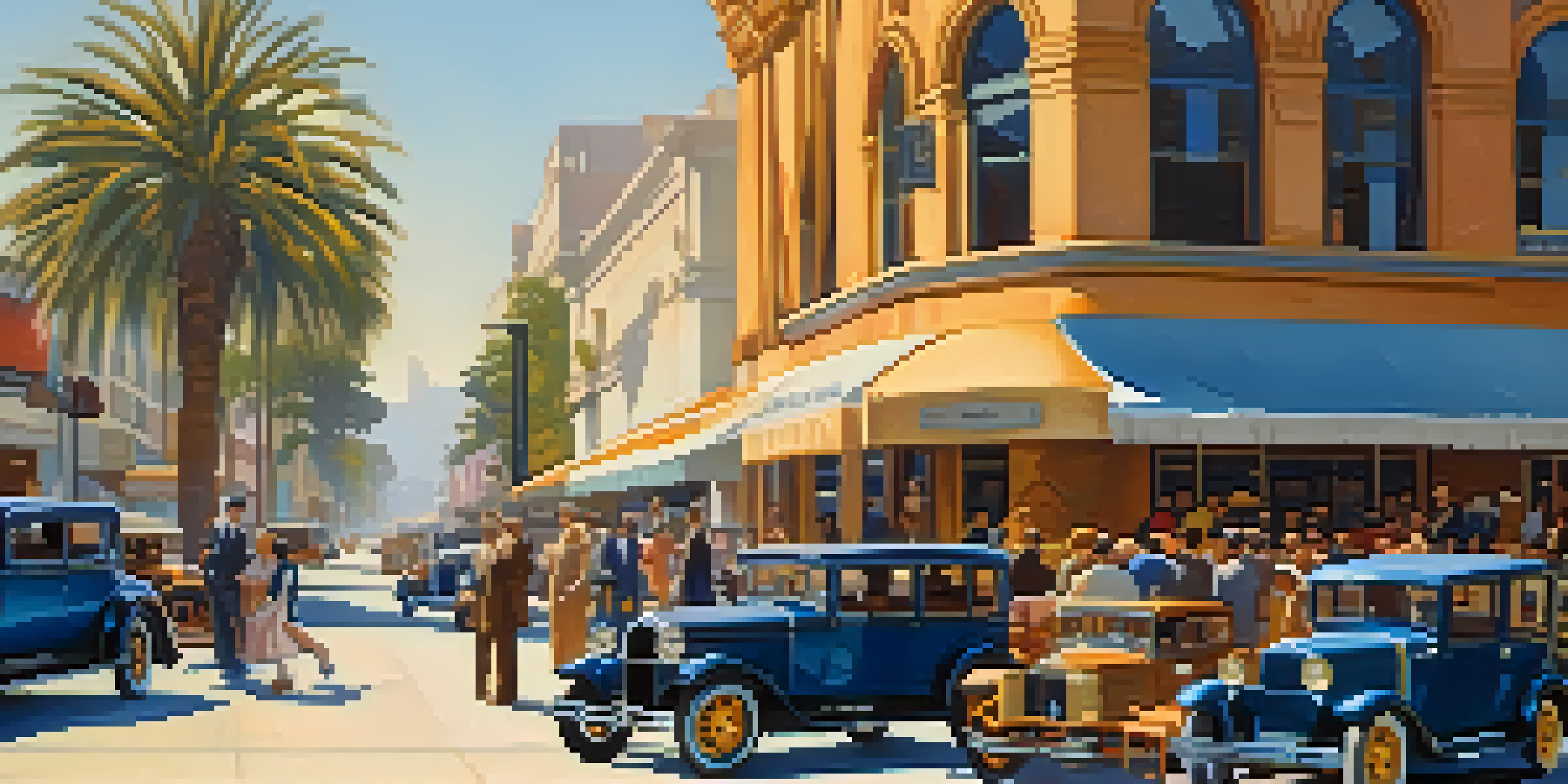 A lively 1920s Los Angeles street scene with writers in a cafe, art deco architecture, and classic cars, illuminated by warm sunlight.