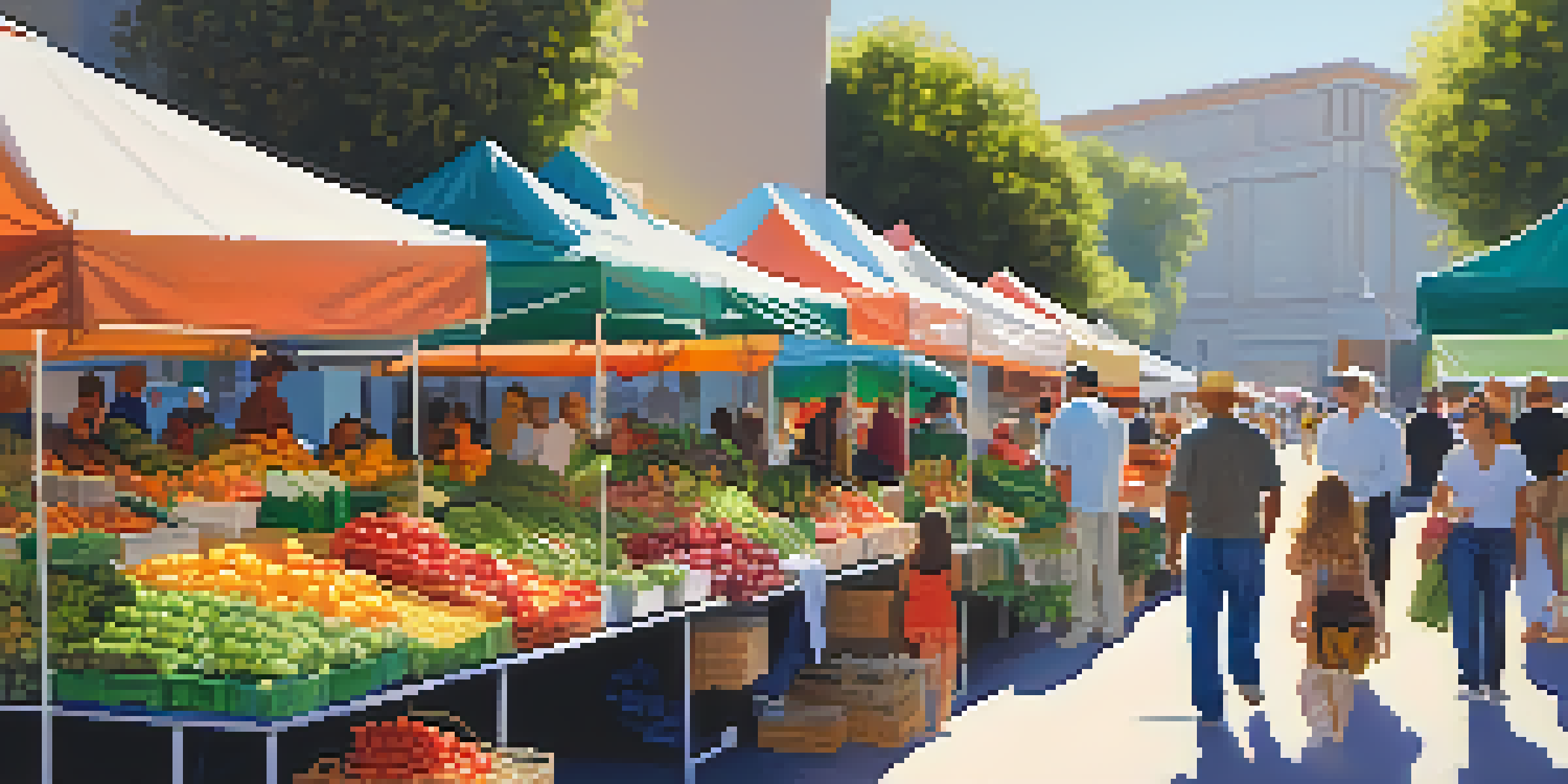 A busy farmers' market in Los Angeles filled with fresh fruits and vegetables, with people shopping and a vendor engaging with customers under colorful canopies.