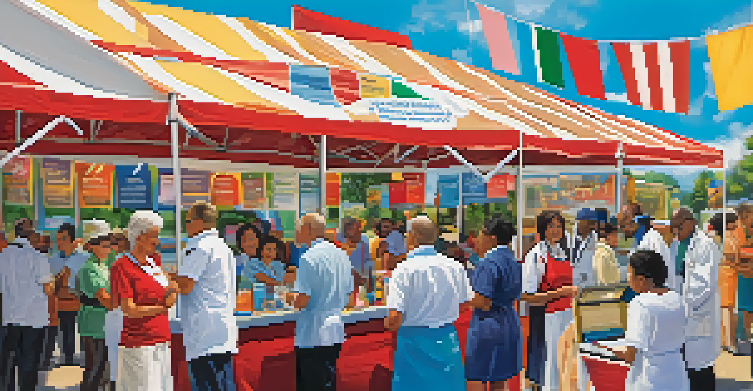 A health fair with community members engaging with health professionals at booths, under a bright blue sky.