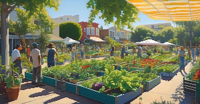 A community garden in Los Angeles with diverse people working among green plants and colorful flowers under a clear blue sky.