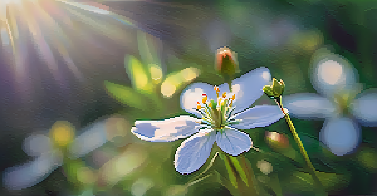 A detailed close-up of a colorful native flower with blurred greenery in the background and sunlight illuminating its petals.