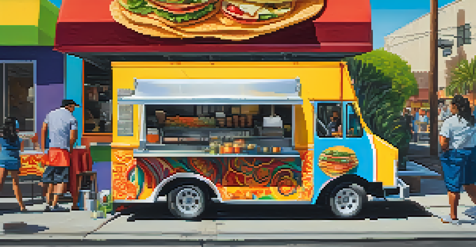 A food truck in Los Angeles serving gourmet tacos, with a chef preparing fresh ingredients and a colorful urban background.