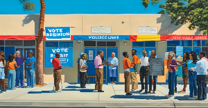 A diverse group of people gathered in front of a polling station, emphasizing community engagement in the electoral process.