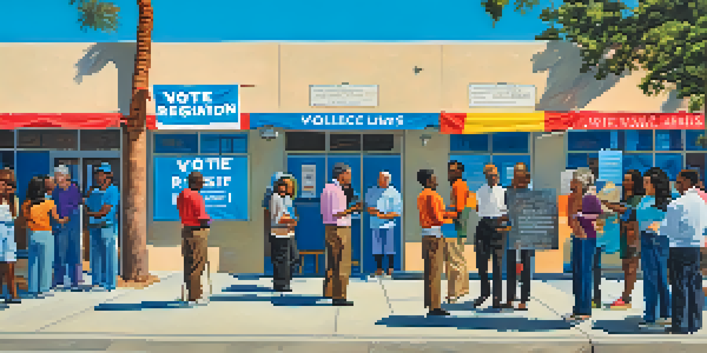 A diverse group of people gathered in front of a polling station, emphasizing community engagement in the electoral process.