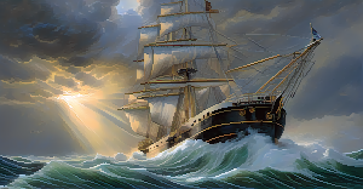 A ship bravely navigating a stormy sea, symbolizing leadership and guidance during a crisis.