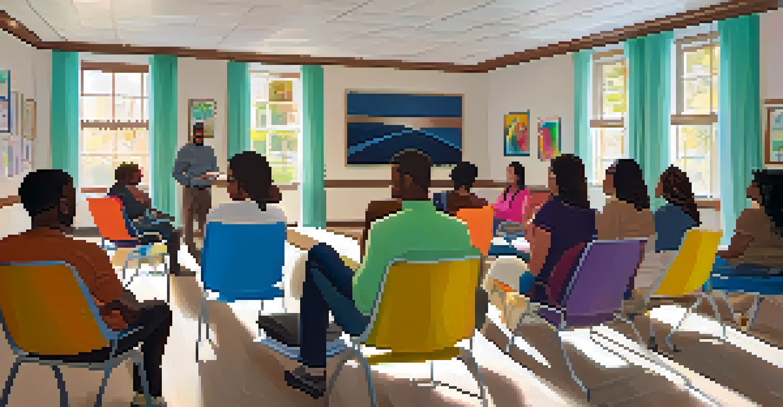 Interior of a community center with a group of people attending a mental health workshop, surrounded by colorful artwork and natural light.