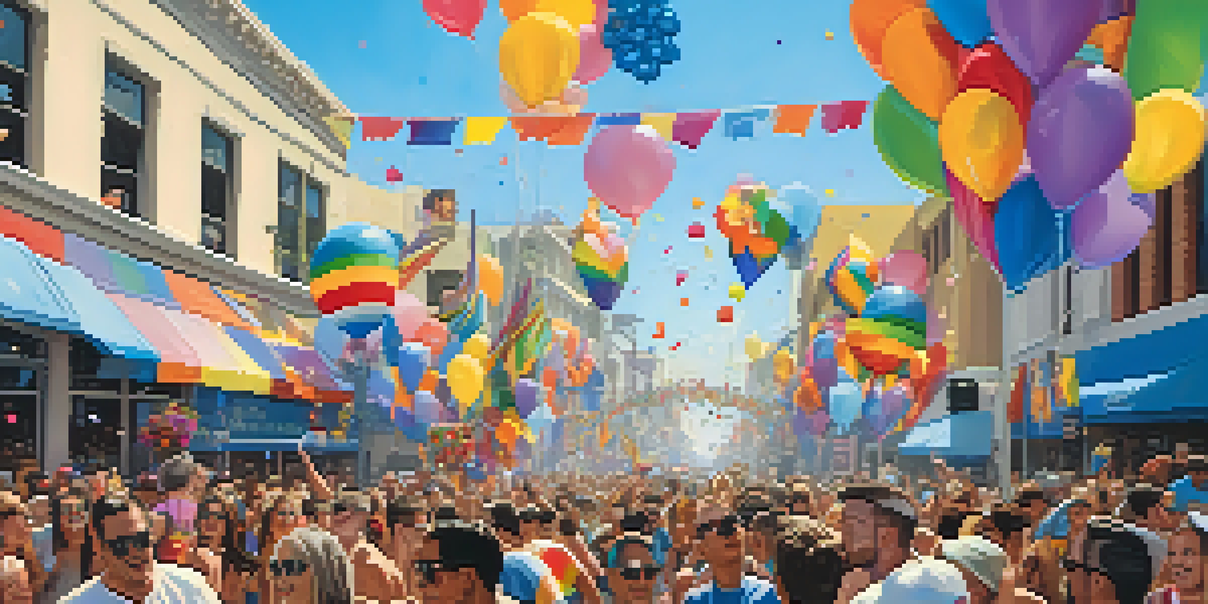 A lively street scene from the Los Angeles Pride Parade with colorful floats, participants in costumes, and a diverse crowd celebrating.