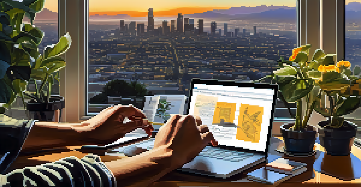 Close-up of hands typing on a laptop with sketches and notes around, overlooking the Los Angeles skyline at sunset.