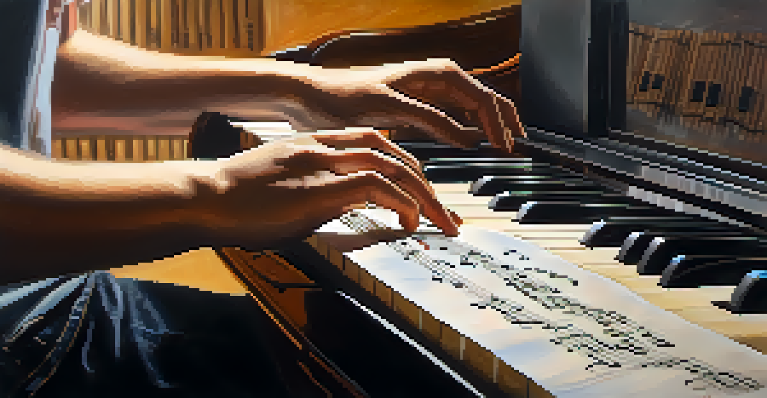 A close-up of hands playing a guitar, with sheet music and a laptop in the background, highlighting the musician's focus.