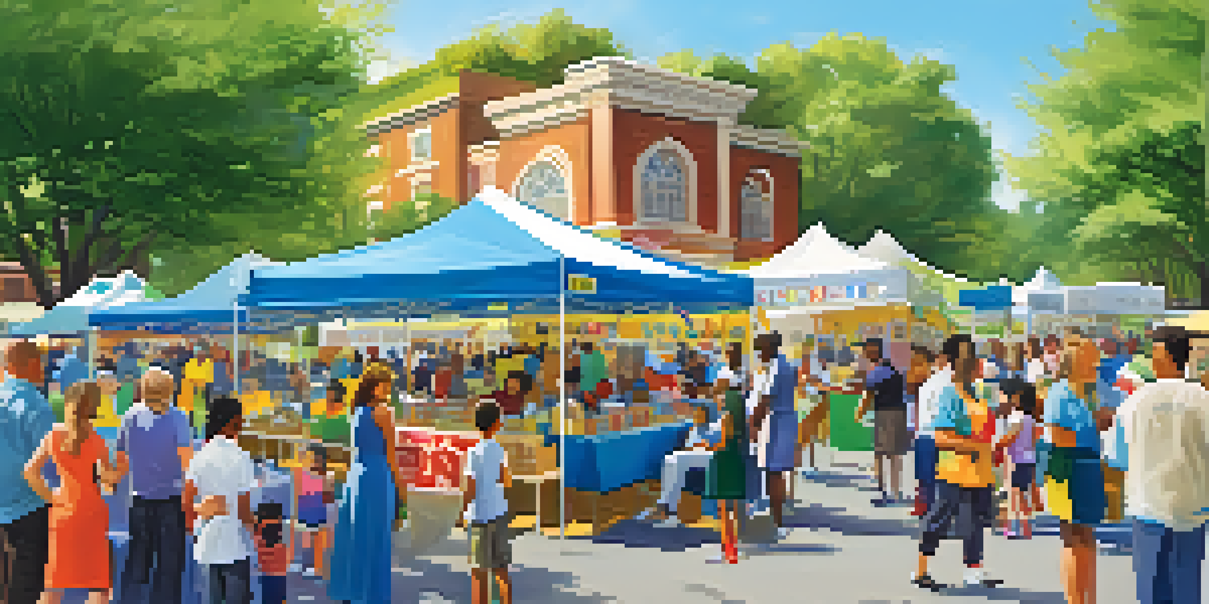 A vibrant community health fair in a park with booths, healthcare professionals, and families participating in activities.