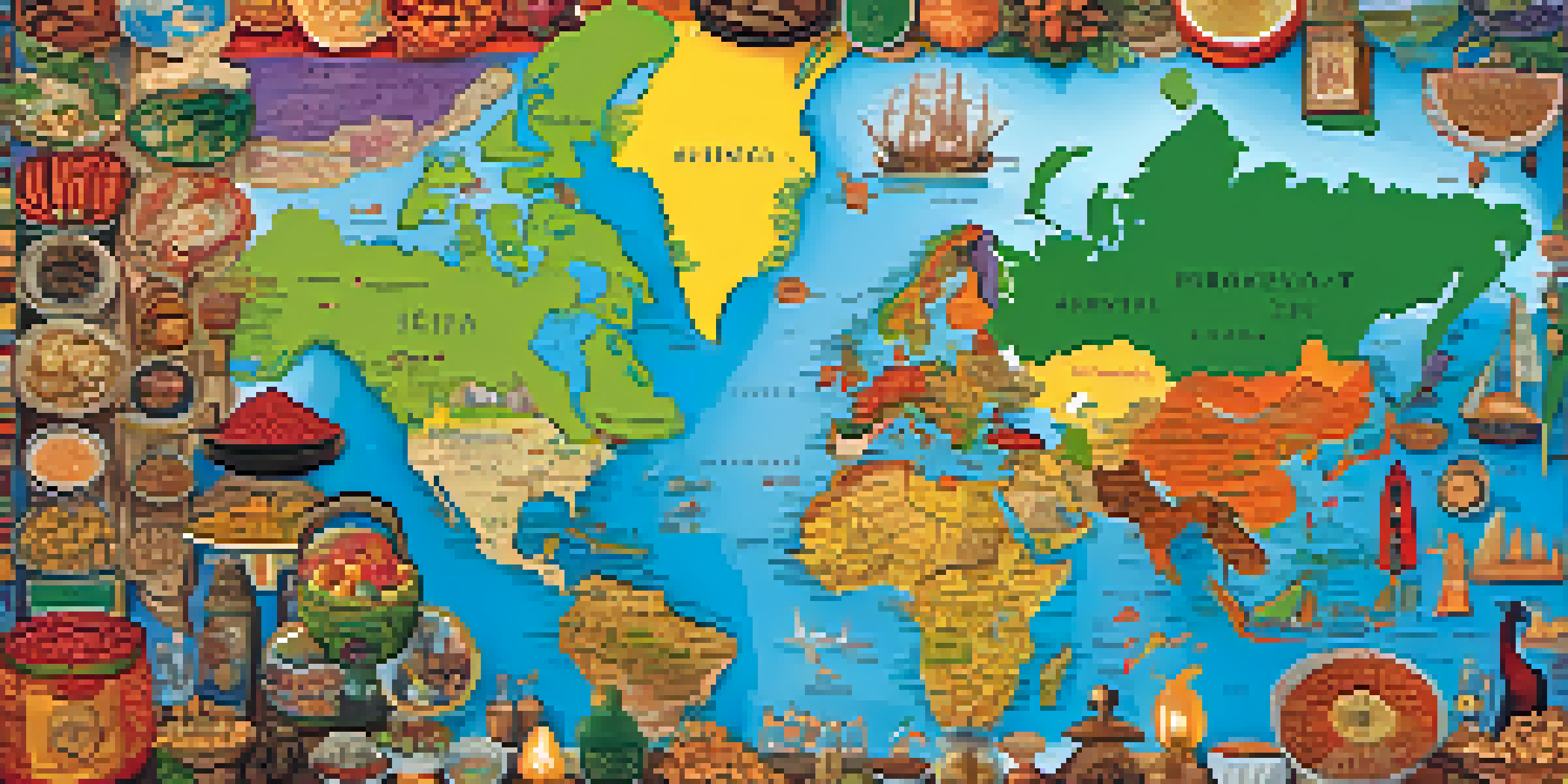 A colorful map featuring cultural symbols from around the world, such as traditional clothing and food, presented in a warm, inviting light.