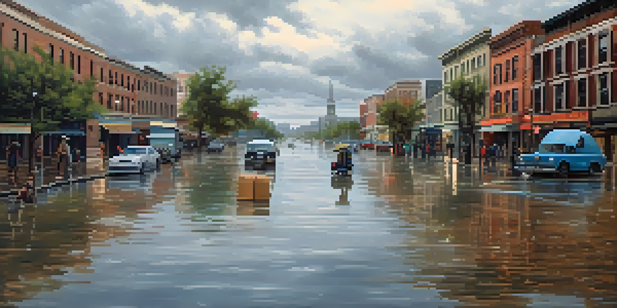 A busy urban street flooded with water, pedestrians using rafts and helping each other, with overcast skies and reflections in the water.
