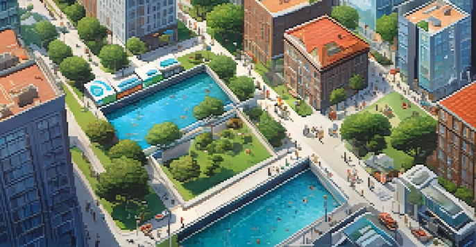 A vibrant city scene showcasing a smart water management system, with people using a mobile app, colorful buildings, and greenery.