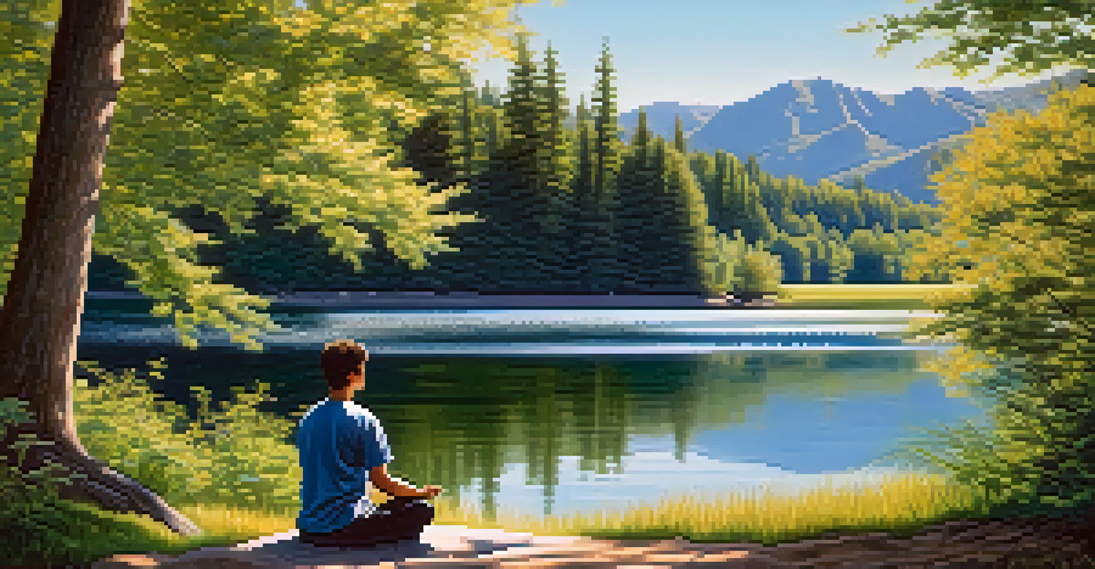 A person meditating by a serene lake with trees and mountains, reflecting a peaceful nature atmosphere.