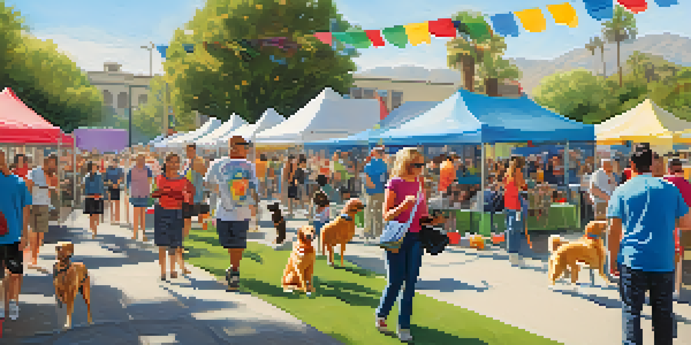 A lively outdoor pet adoption event with families and adoptable pets under sunny skies.