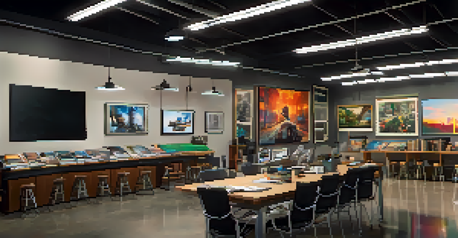 A group of diverse individuals brainstorming in a modern film studio, surrounded by storyboards and colorful artwork.