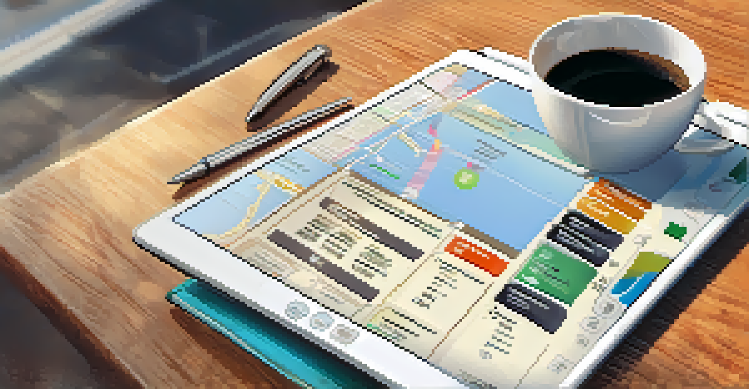 A close-up of a tablet with a financial app on a desk, showing a sunny Los Angeles street outside.