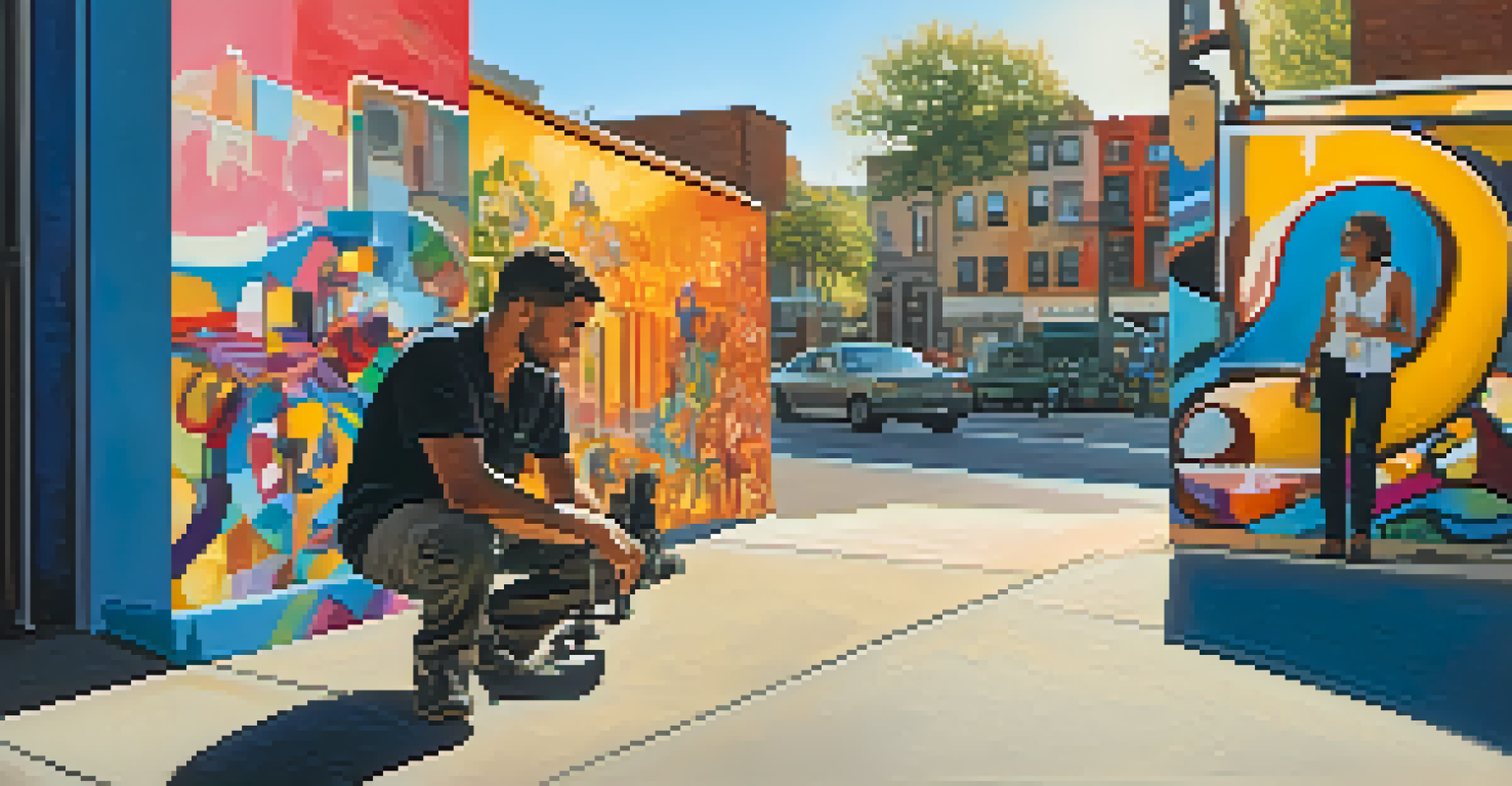 A modern street photographer crouching with a camera in front of colorful street murals, capturing candid moments in a lively city.