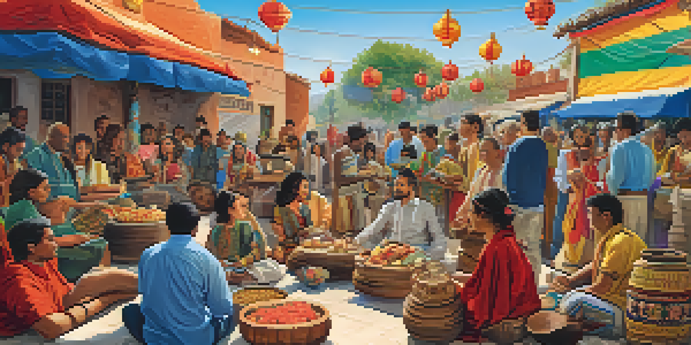 A colorful outdoor gathering of diverse individuals sharing cultural foods, music, and art, with decorations representing various cultures.