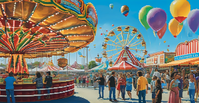 A colorful LA County Fair scene with carnival rides and food stalls, showing people enjoying local food against a bright blue sky.