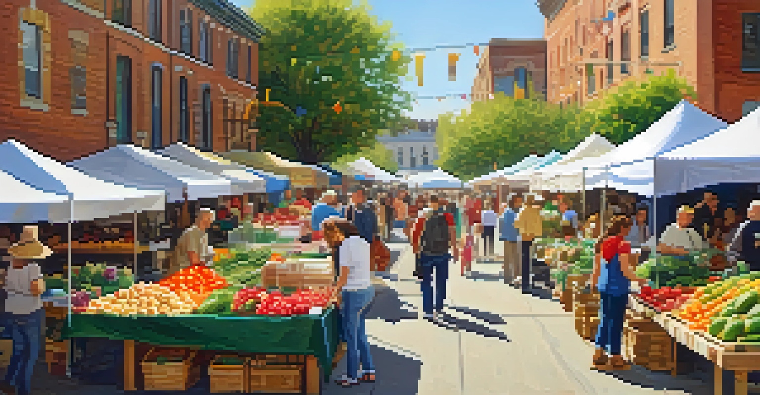 A lively local farmers' market with colorful stalls of fresh produce and flowers, where families and friends are interacting and enjoying their day.