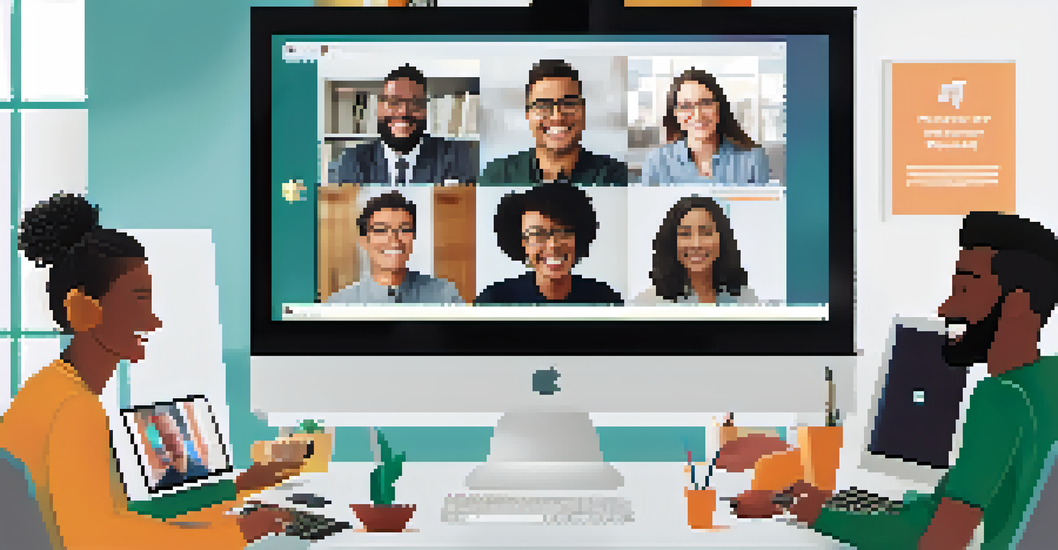 A computer screen displaying a virtual team meeting with smiling remote workers in a modern home office setting.