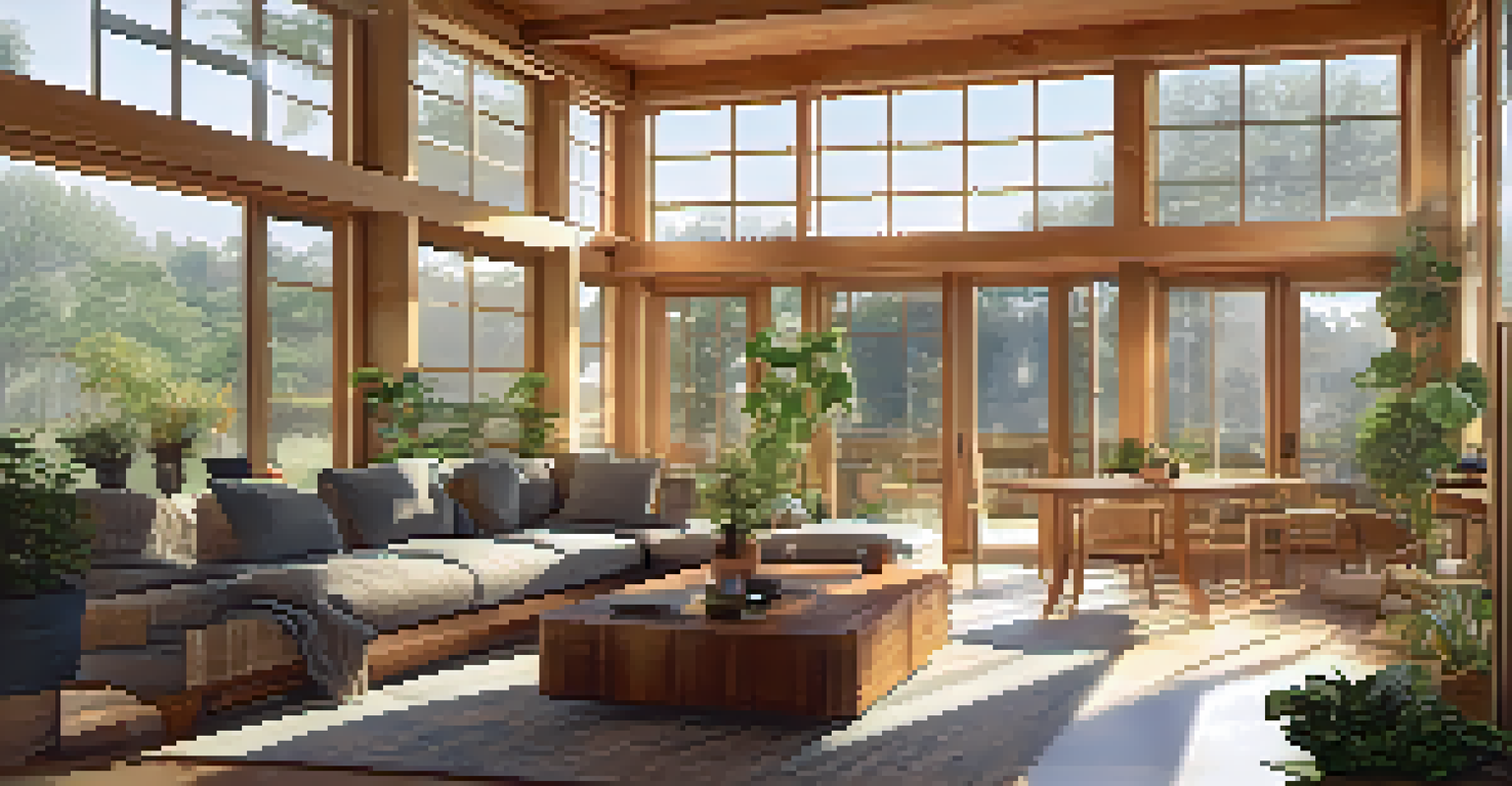 Interior of a sustainably designed home with eco-friendly materials and natural light, showcasing energy-efficient appliances and greenery.