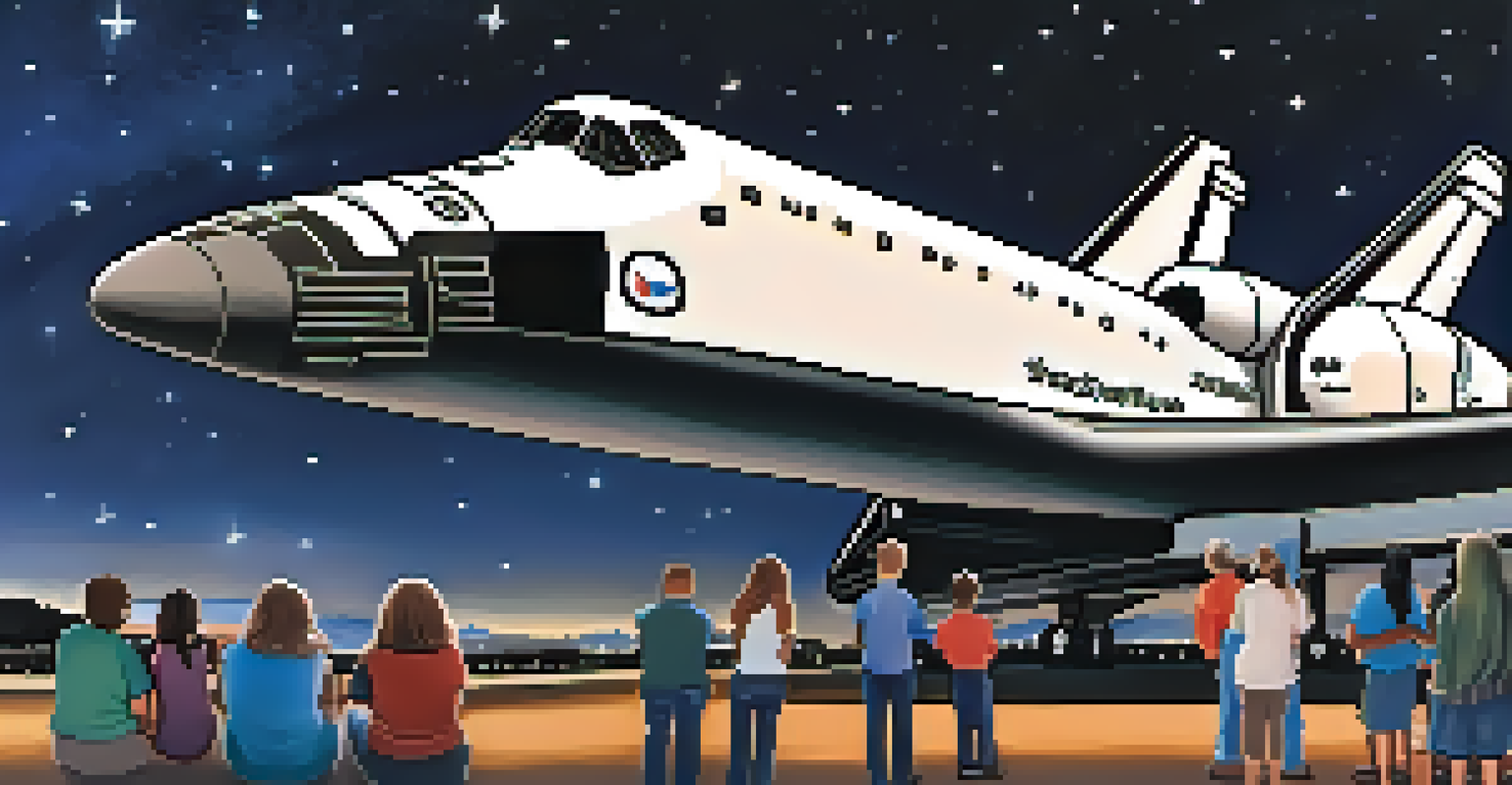 The Space Shuttle Endeavour exhibit at the California Science Center, with visitors admiring it against a starry sky backdrop.