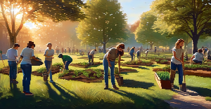A diverse group of volunteers planting trees in a park during golden hour, with sunlight filtering through the leaves.