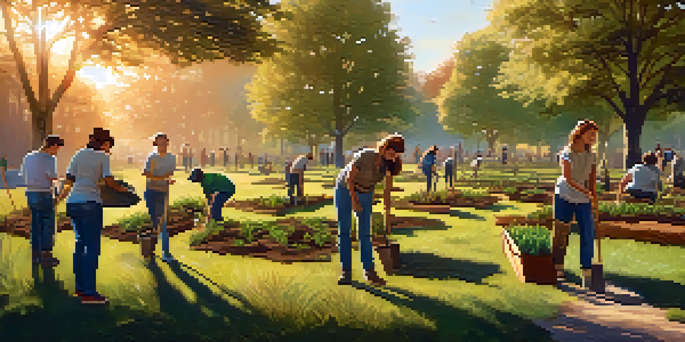 A diverse group of volunteers planting trees in a park during golden hour, with sunlight filtering through the leaves.