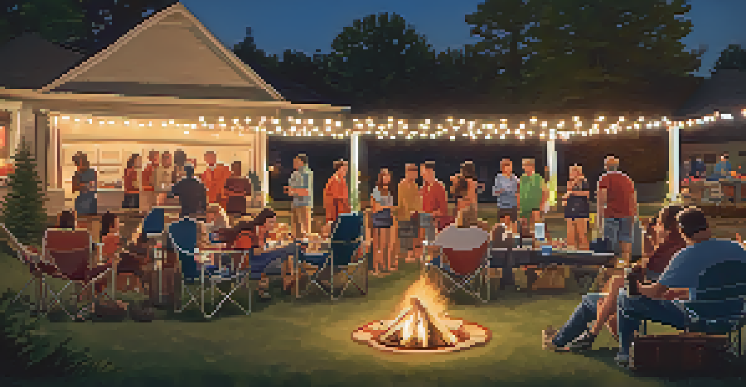 Fans enjoying an evening tailgate around a fire pit, illuminated by string lights, celebrating together with team banners.